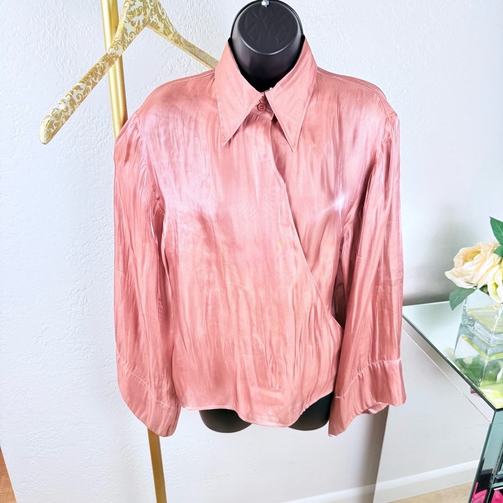 ETRO Italy Shimmering Rosy Peach Wrap Blouse - Bell Sleeve - IT 44